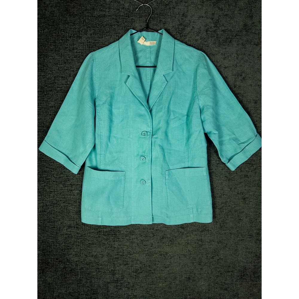 Eileen Fisher Linen Blazer Jacket Womens M Teal Turquoise 3/4 Sleeve Button Fron